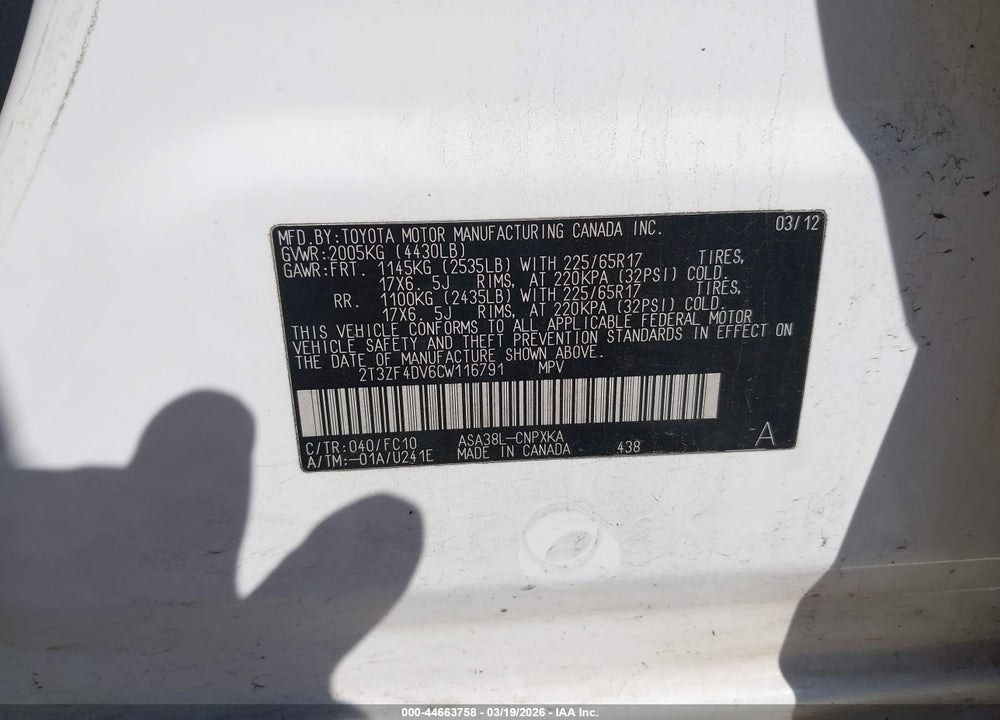 2012 TOYOTA RAV4 VIN: 2T3ZF4DV6CW116791
