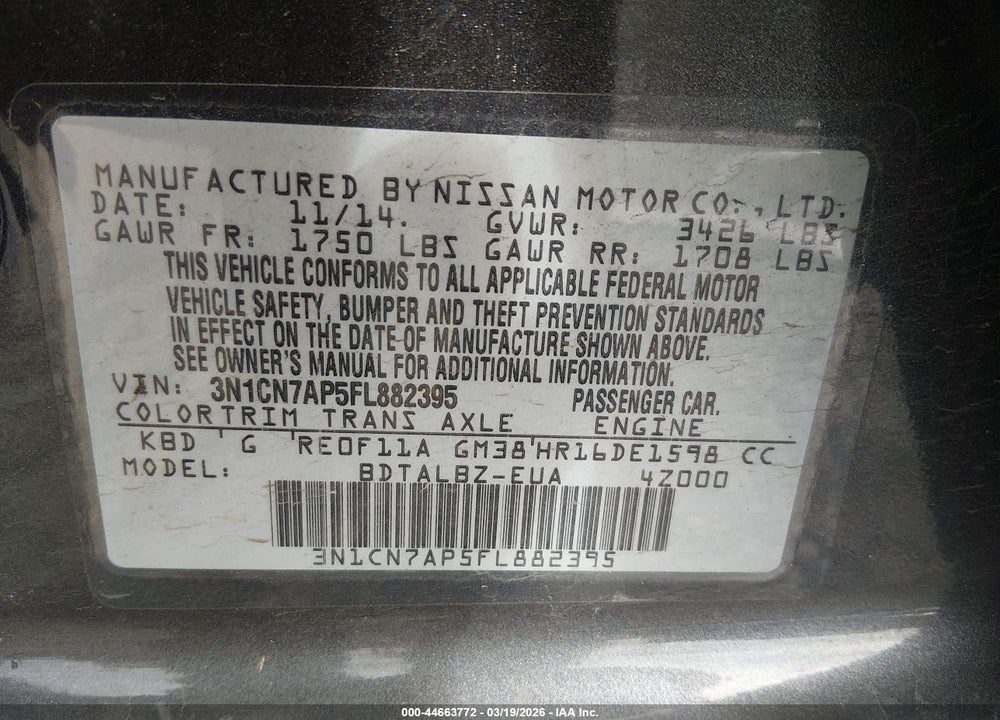 2015 NISSAN VERSA 1.6 SV VIN: 3N1CN7AP5FL882395