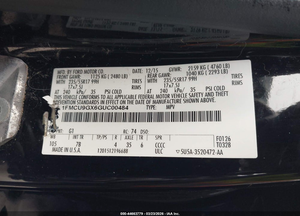 2016 FORD ESCAPE SE VIN: 1FMCU9GX6GUC00484