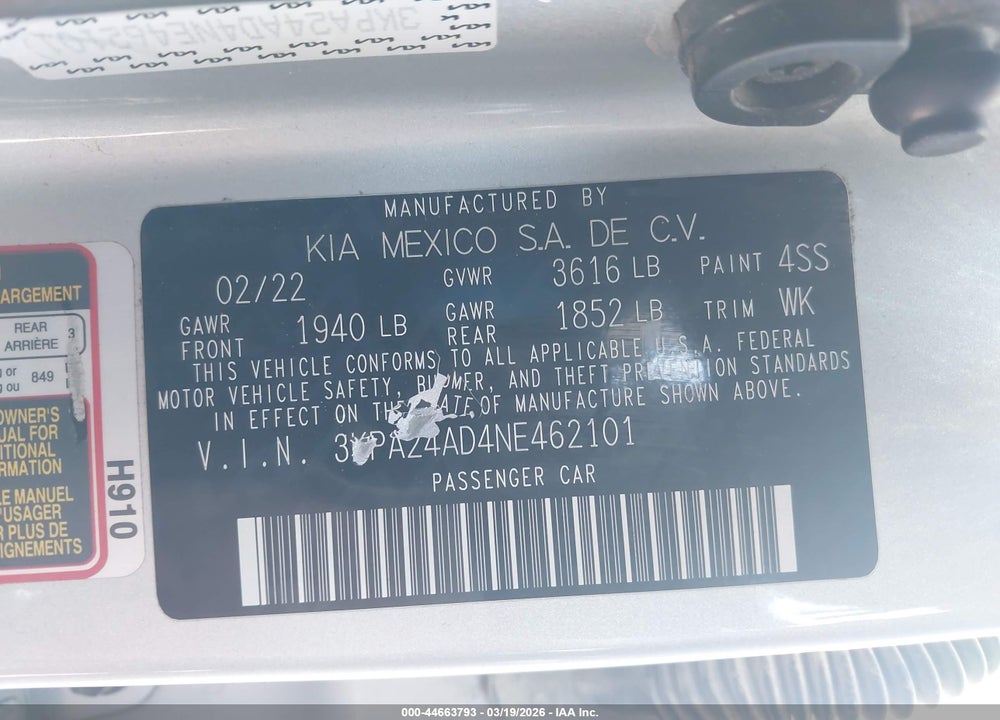 2022 KIA RIO S VIN: 3KPA24AD4NE462101
