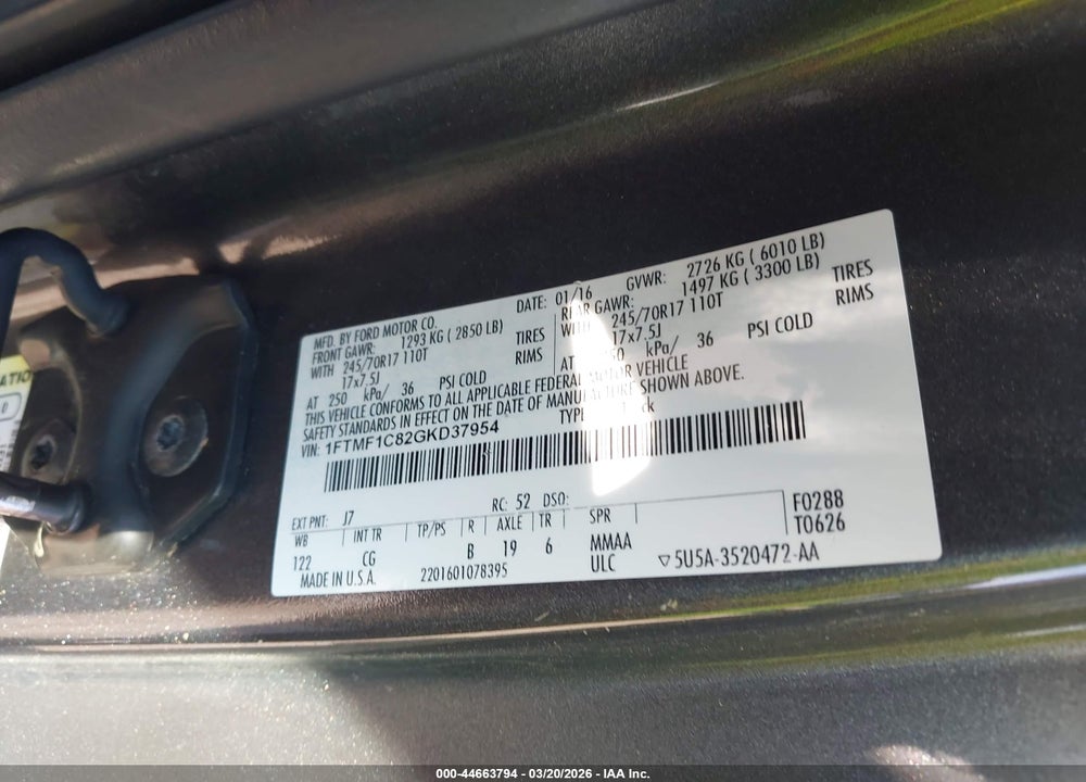2016 FORD F-150 XL VIN: 1FTMF1C82GKD37954