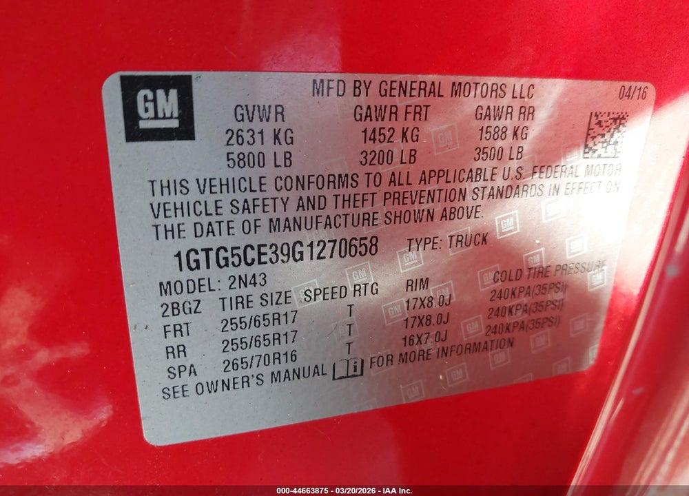 2016 GMC CANYON SLE VIN: 1GTG5CE39G1270658