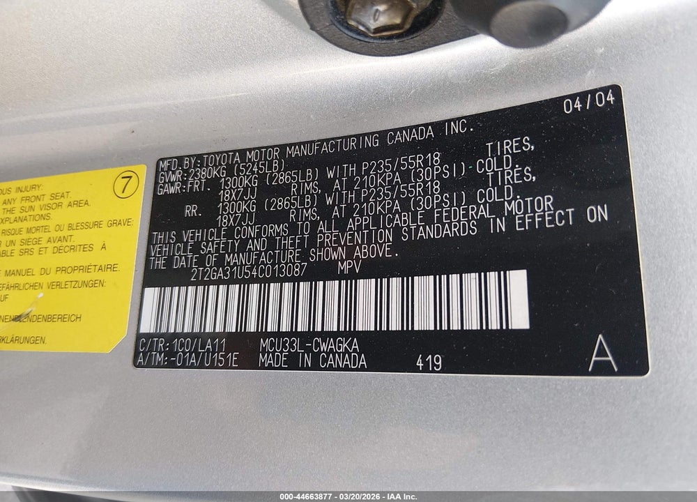 2004 LEXUS RX 330 VIN: 2T2GA31U54C013087