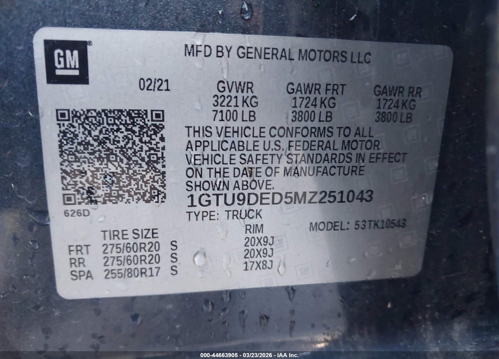 2021 GMC SIERRA 1500 4WD  SHORT BOX SLT VIN: 1GTU9DED5MZ251043