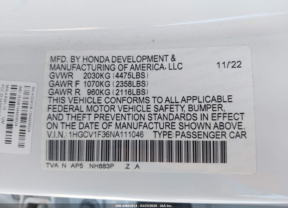 2022 HONDA ACCORD SPORT VIN: 1HGCV1F36NA111046