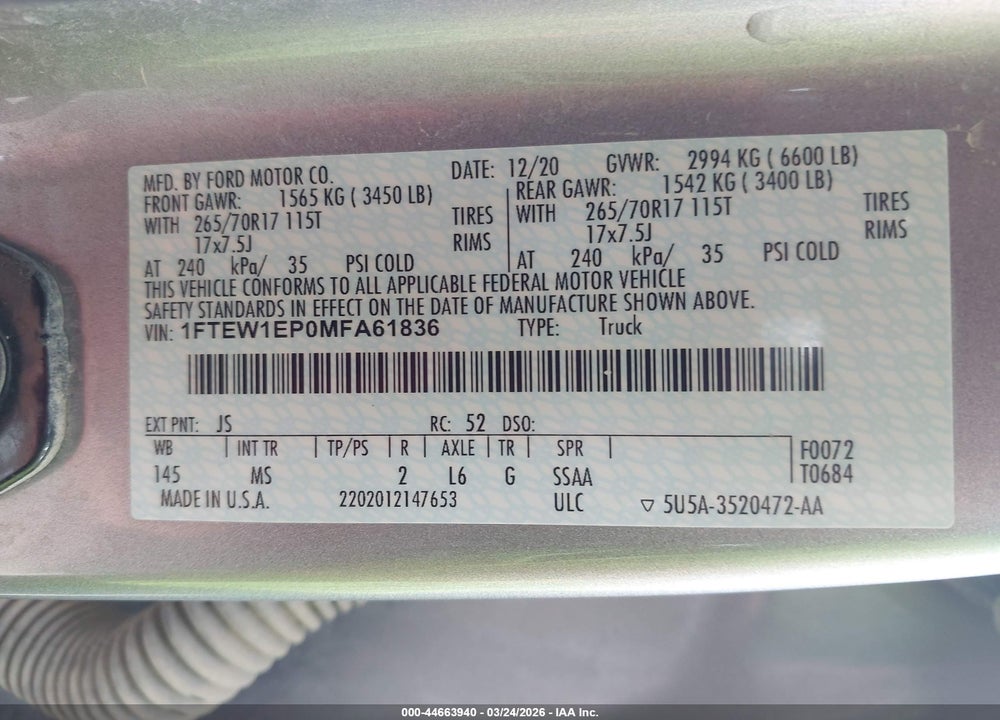 2021 FORD F-150 XLT VIN: 1FTEW1EP0MFA61836