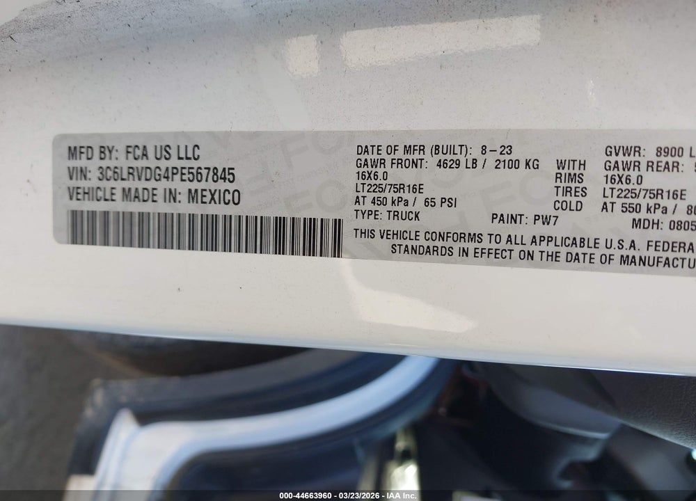 2023 RAM PROMASTER 2500 HIGH ROOF 159 WB VIN: 3C6LRVDG4PE567845