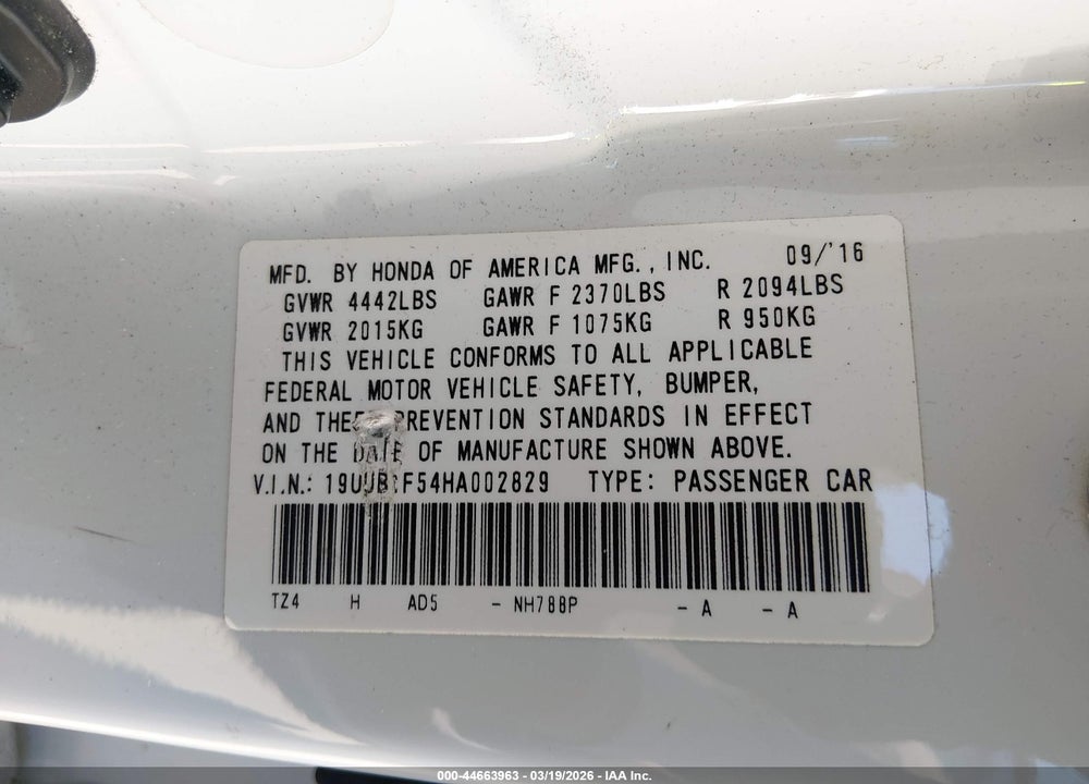 2017 ACURA TLX TECHNOLOGY PACKAGE VIN: 19UUB1F54HA002829