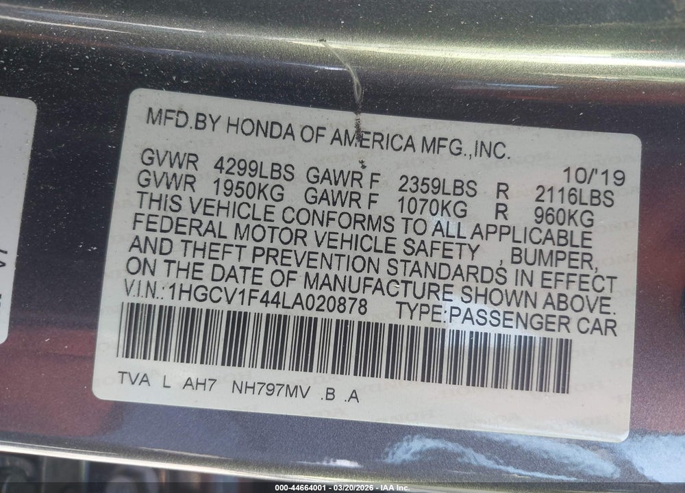 2020 HONDA ACCORD EX VIN: 1HGCV1F44LA020878