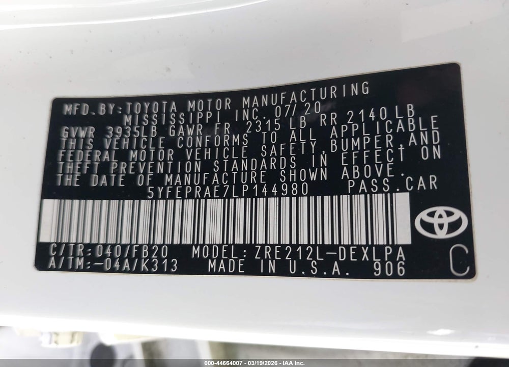 2020 TOYOTA COROLLA VIN: 5YFEPRAE7LP144980