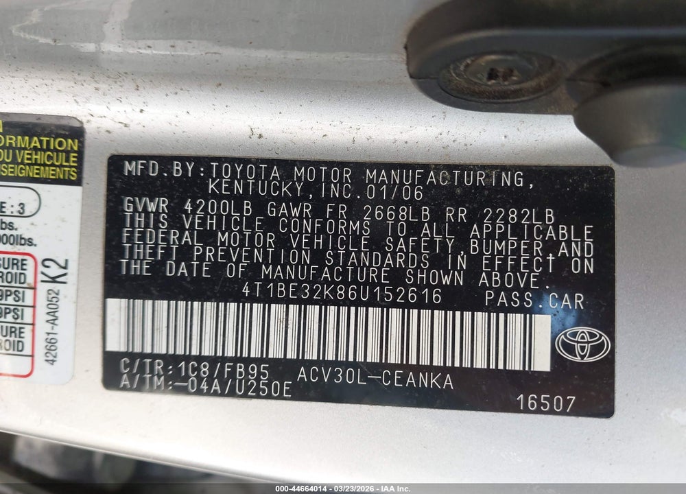 2006 TOYOTA CAMRY LE VIN: 4T1BE32K86U152616