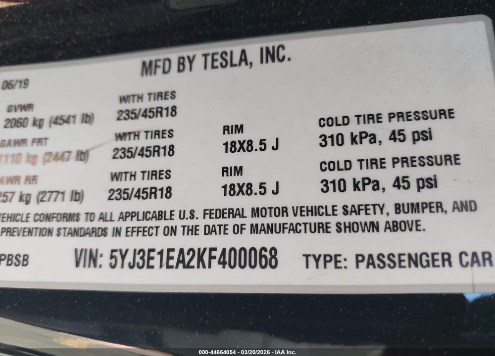 2019 TESLA MODEL 3 LONG RANGE/MID RANGE/STANDARD RANGE/STANDARD RANGE PLUS VIN: 5YJ3E1EA2KF400068