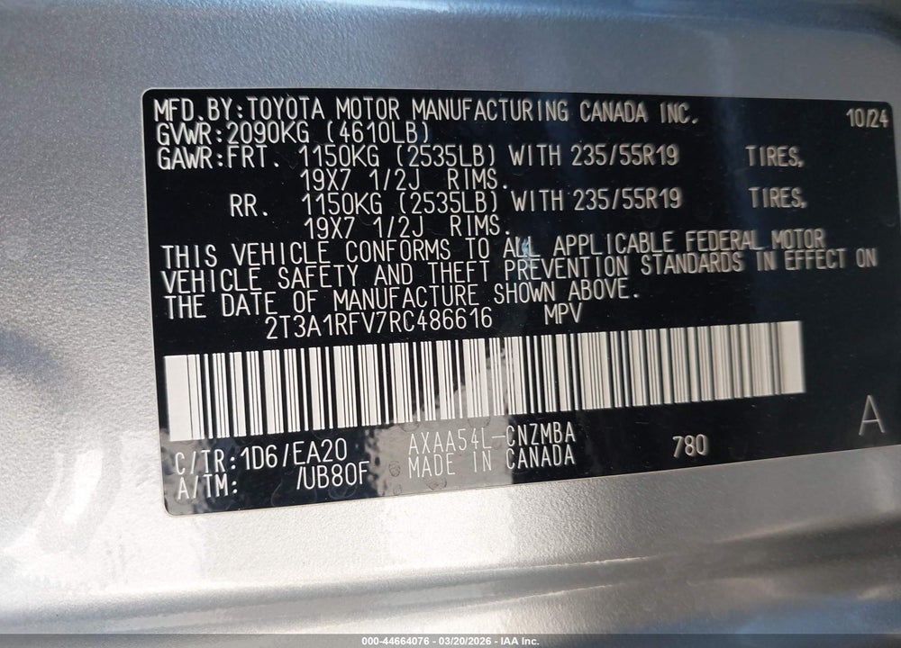 2024 TOYOTA RAV4 XLE PREMIUM VIN: 2T3A1RFV7RC486616