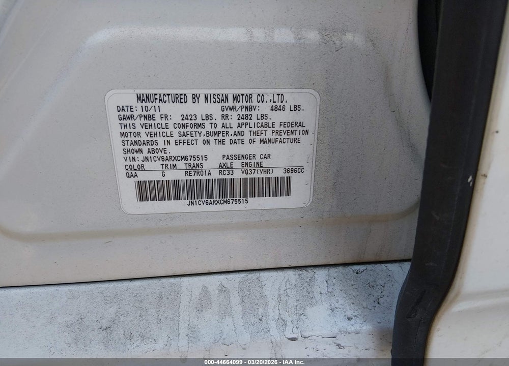 2012 INFINITI G37X VIN: JN1CV6ARXCM675515