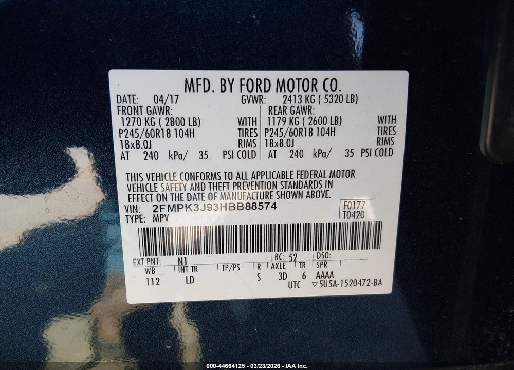 2017 FORD EDGE SEL VIN: 2FMPK3J93HBB88574