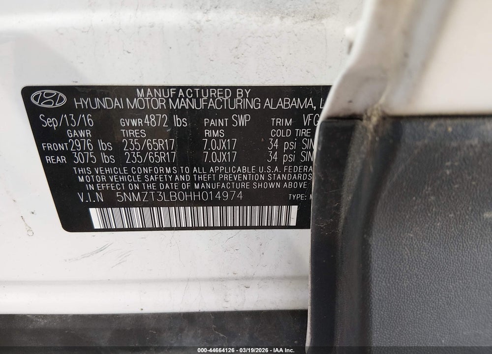 2017 HYUNDAI SANTA FE SPORT 2.4L VIN: 5NMZT3LB0HH014974