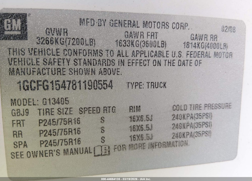 2008 CHEVROLET EXPRESS WORK VAN VIN: 1GCFG154781190554