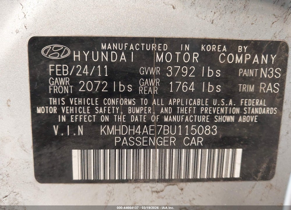 2011 HYUNDAI ELANTRA GLS (ULSAN PLANT) VIN: KMHDH4AE7BU115083