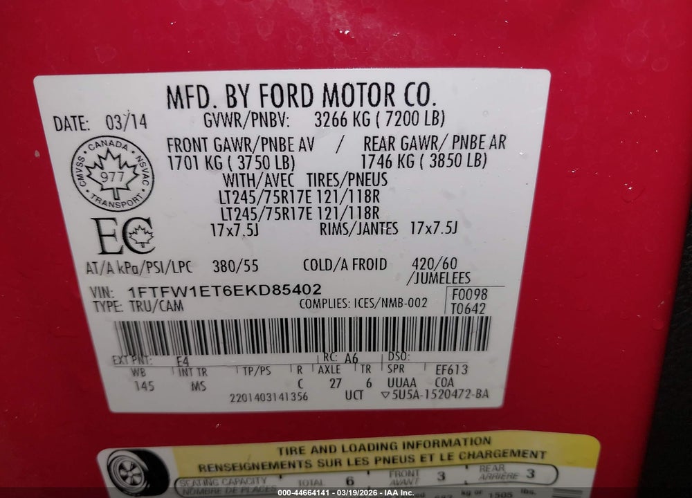 2014 FORD F-150 XLT VIN: 1FTFW1ET6EKD85402