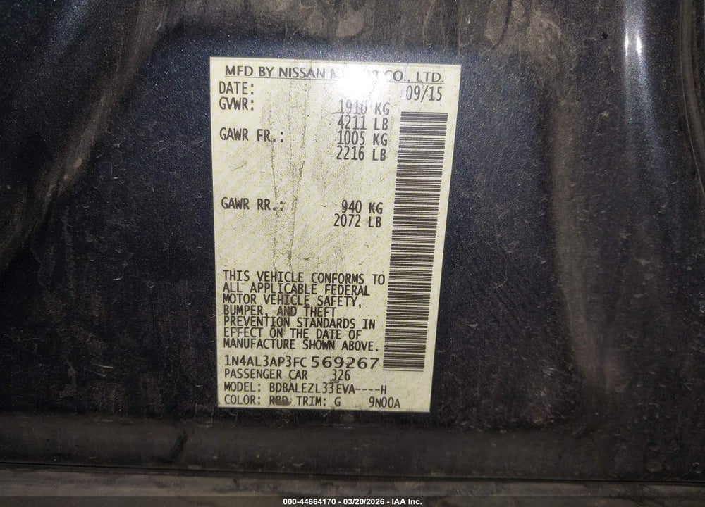 2015 NISSAN ALTIMA 2.5 S VIN: 1N4AL3AP3FC569267