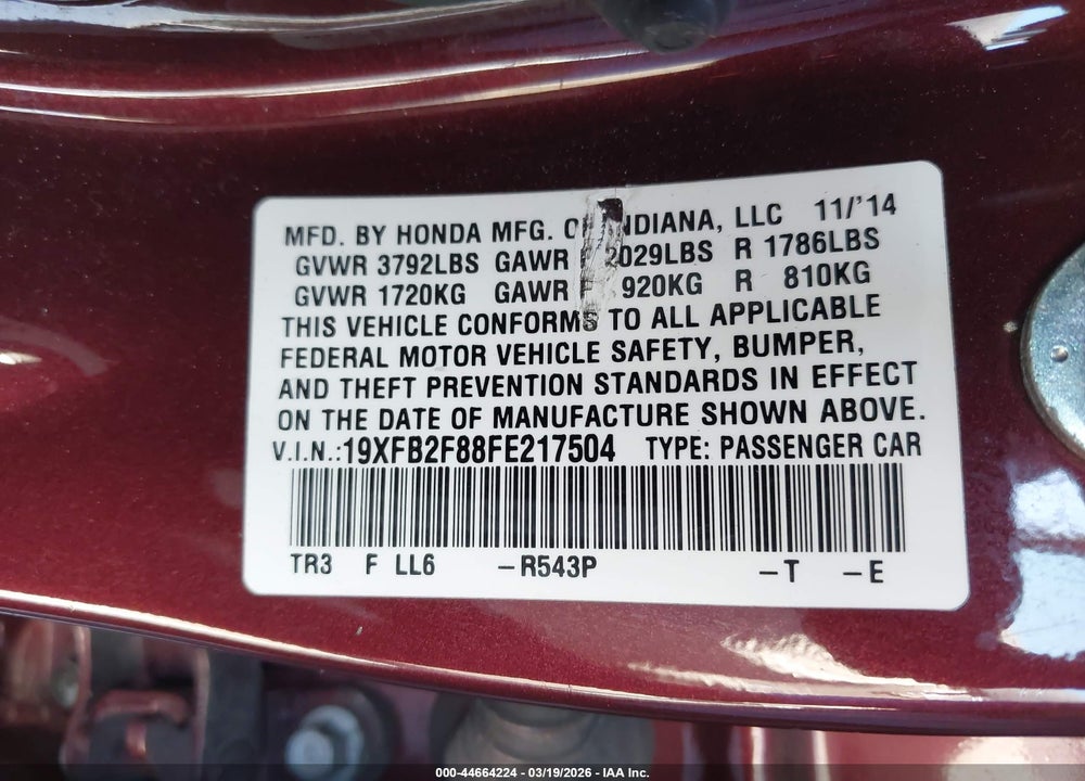2015 HONDA CIVIC EX VIN: 19XFB2F88FE217504