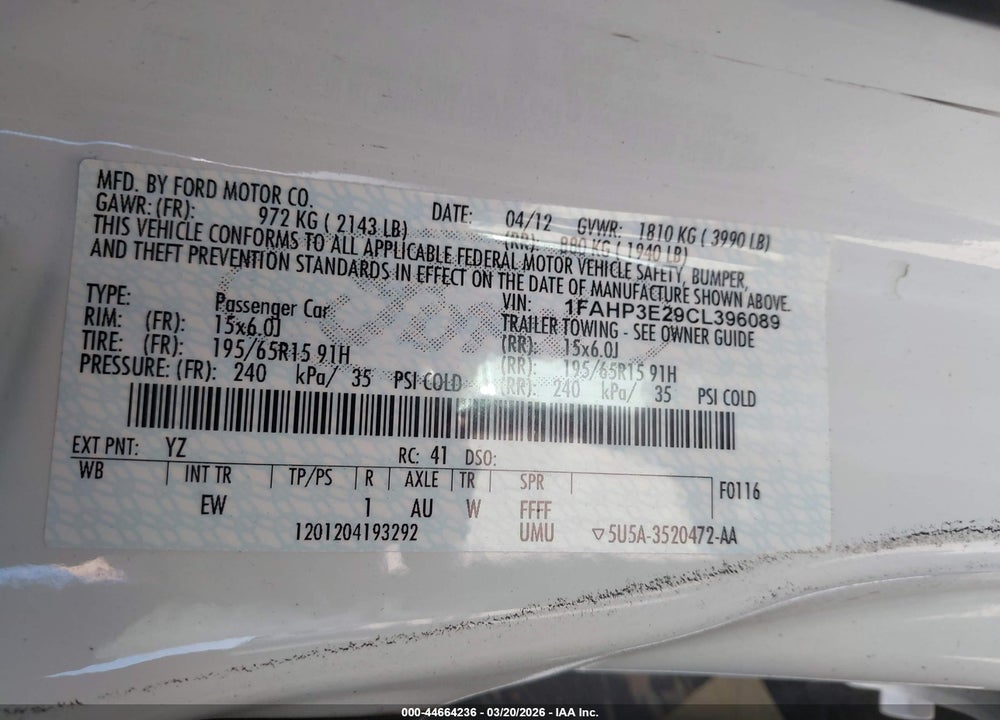 2012 FORD FOCUS S VIN: 1FAHP3E29CL396089