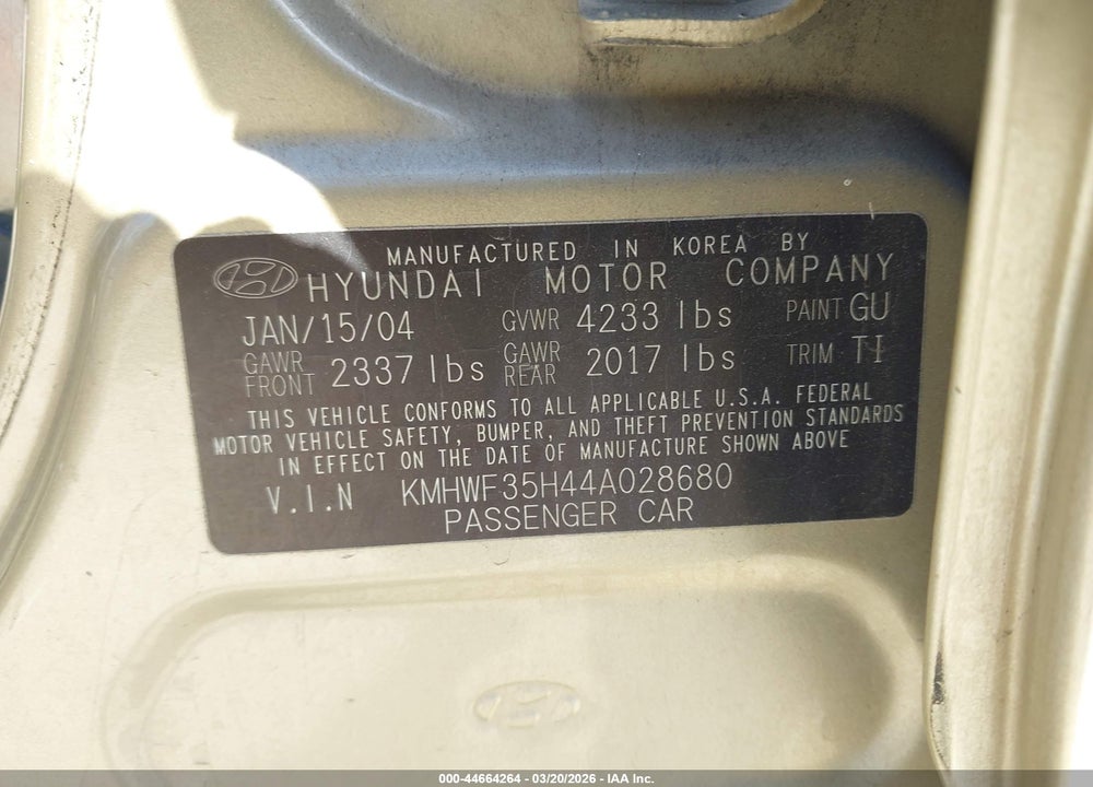 2004 HYUNDAI SONATA GLS/LX VIN: KMHWF35H44A028680