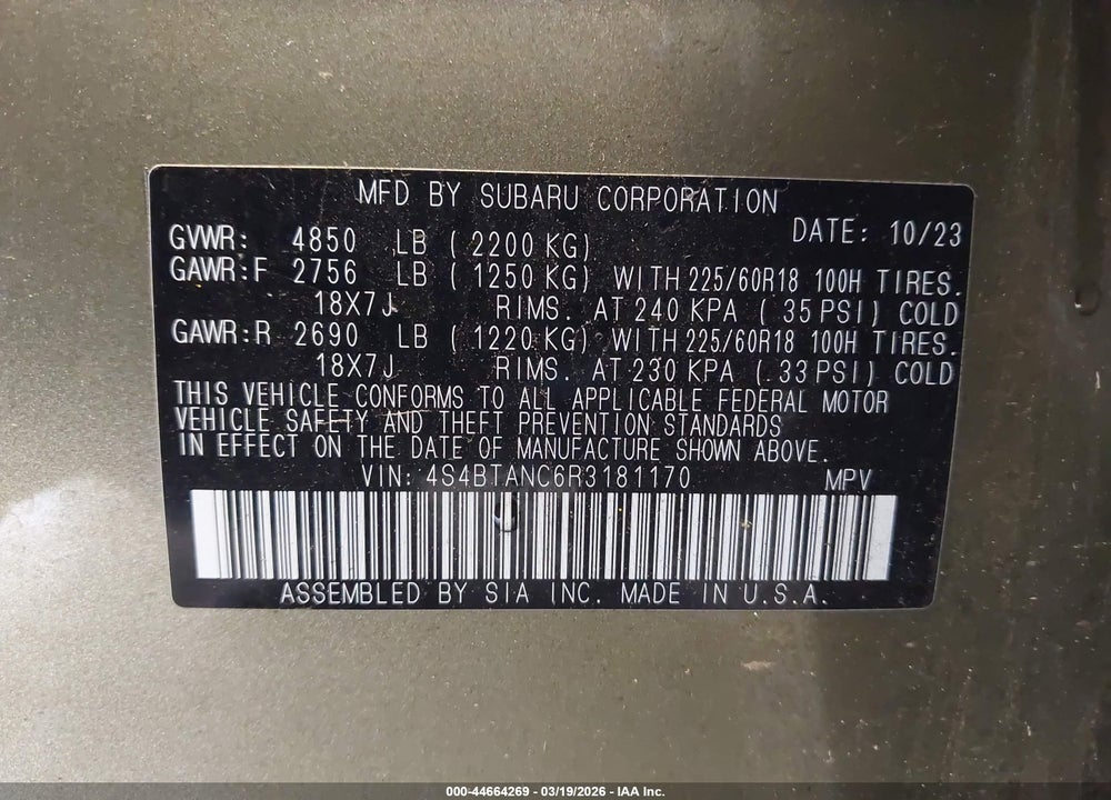 2024 SUBARU OUTBACK LIMITED VIN: 4S4BTANC6R3181170