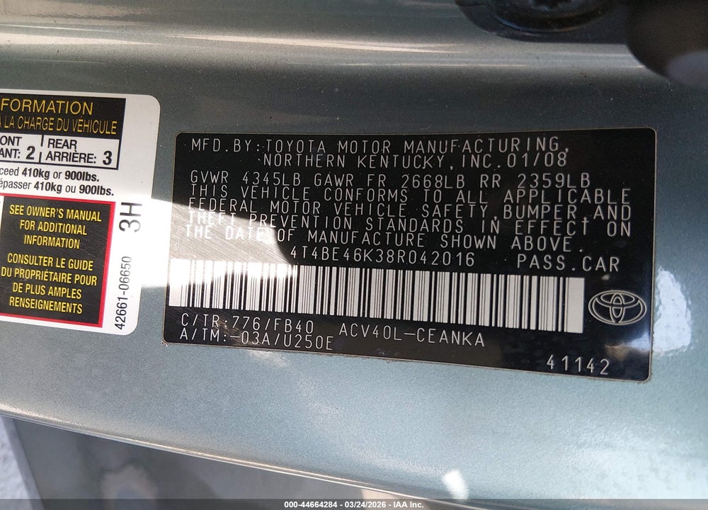 2008 TOYOTA CAMRY LE VIN: 4T4BE46K38R042016