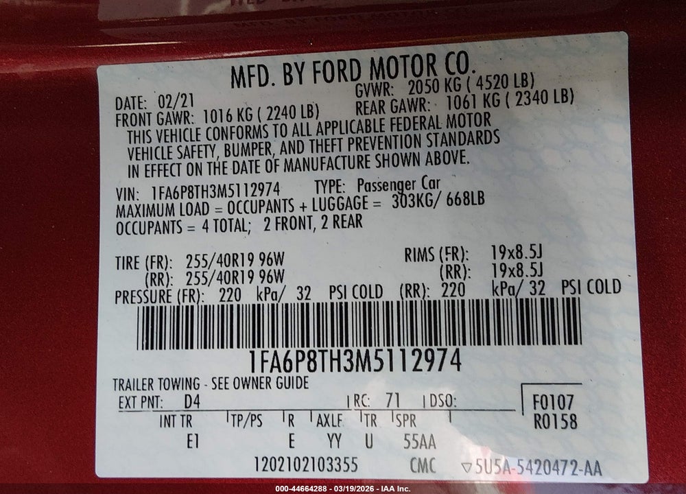 2021 FORD MUSTANG ECOBOOST PREMIUM FASTBACK VIN: 1FA6P8TH3M5112974