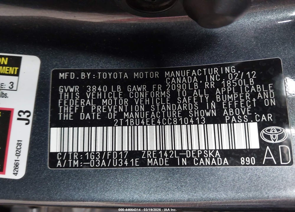 2012 TOYOTA COROLLA S VIN: 2T1BU4EE4CC810413