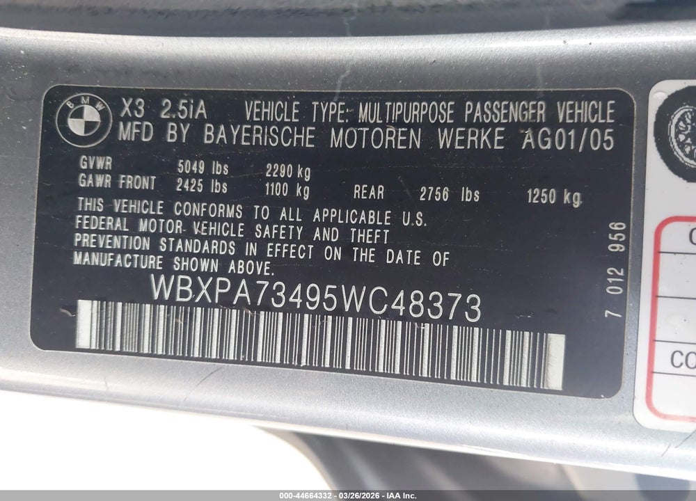2005 BMW X3 2.5I VIN: WBXPA73495WC48373