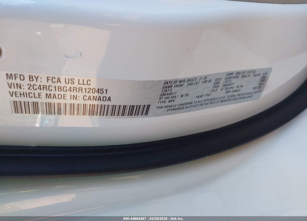 2024 CHRYSLER PACIFICA TOURING L VIN: 2C4RC1BG4RR120451