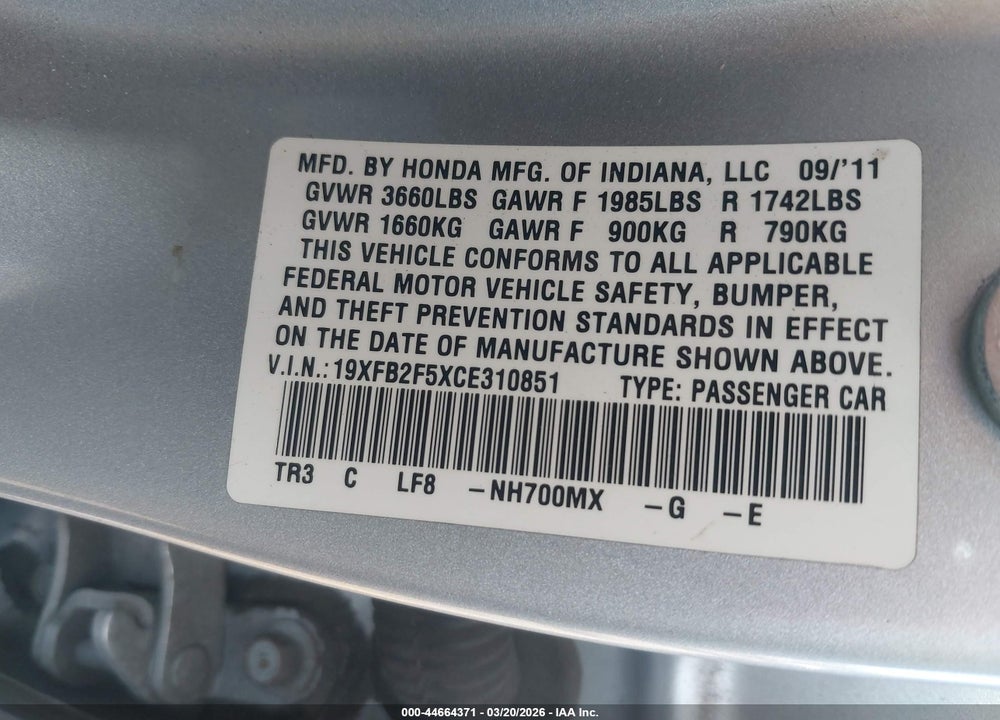 2012 HONDA CIVIC LX VIN: 19XFB2F5XCE310851
