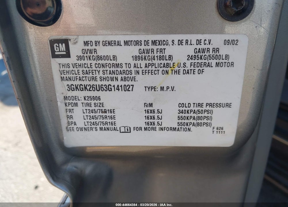 2003 GMC YUKON XL 2500 SLT VIN: 3GKGK26U63G141027