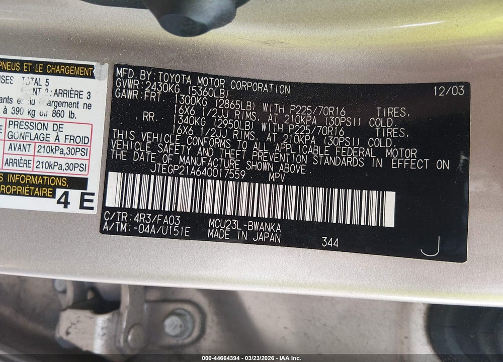 2004 TOYOTA HIGHLANDER V6 VIN: JTEGP21A640017559