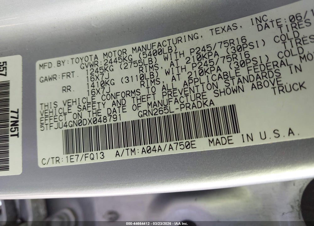 2013 TOYOTA TACOMA PRERUNNER V6 VIN: 5TFJU4GN0DX048791