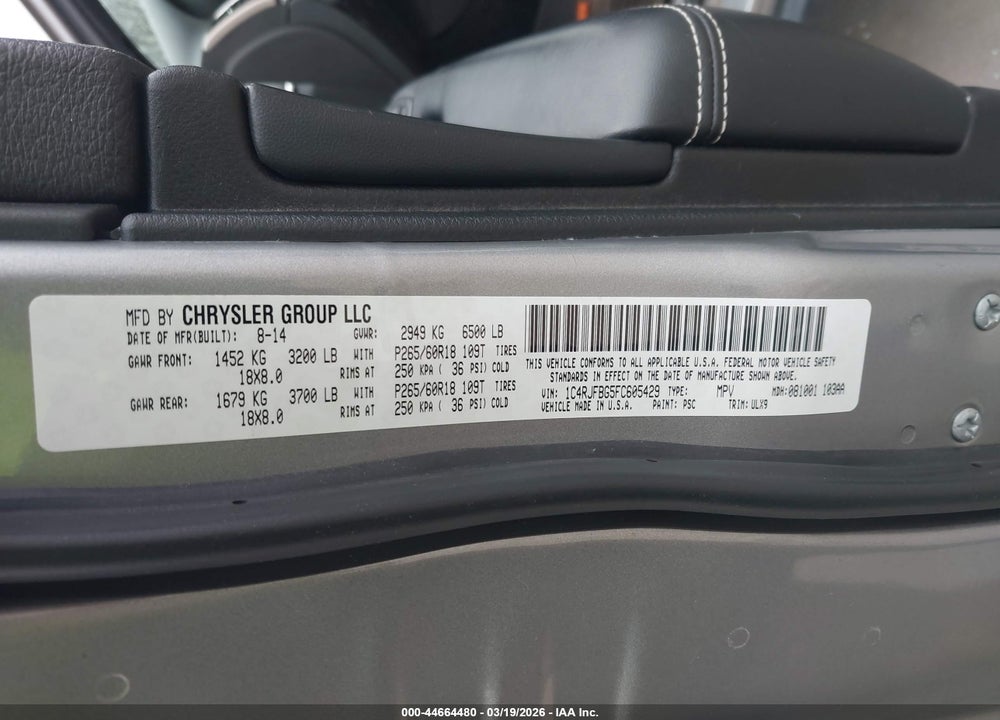2015 JEEP GRAND CHEROKEE LIMITED VIN: 1C4RJFBG5FC605429