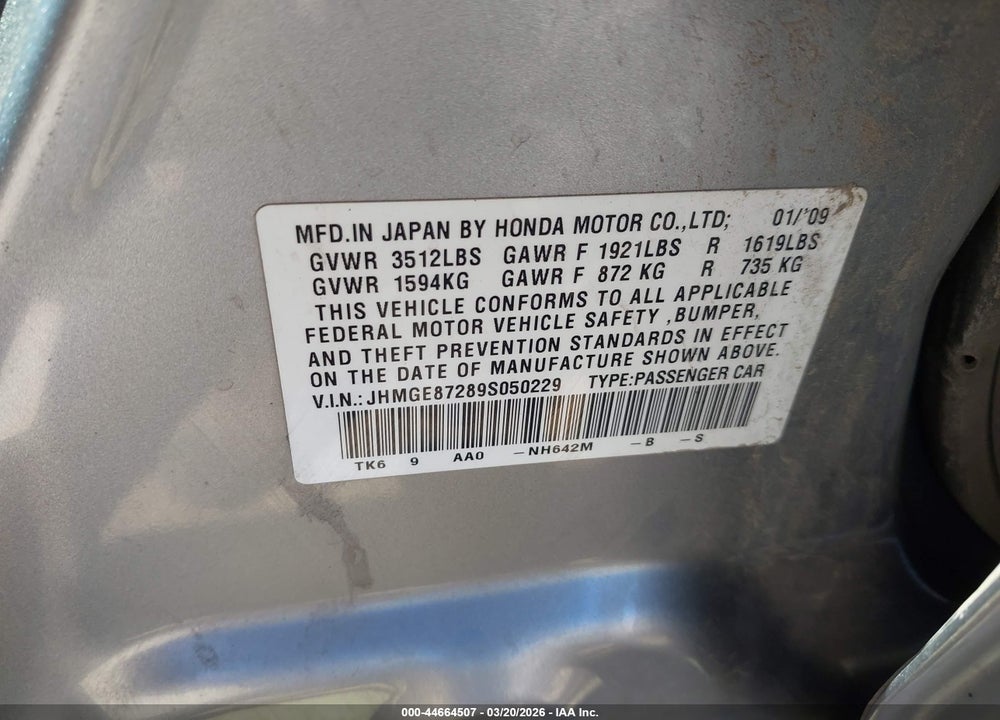2009 HONDA FIT VIN: JHMGE87289S050229