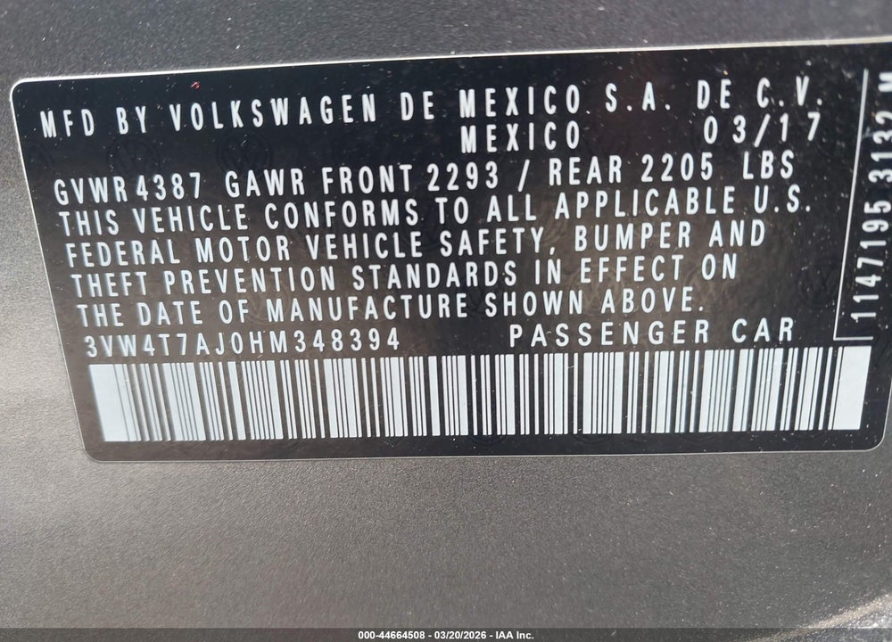 2017 VOLKSWAGEN JETTA GLI VIN: 3VW4T7AJ0HM348394