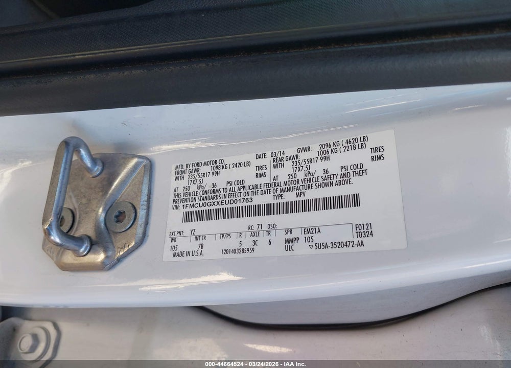 2014 FORD ESCAPE SE VIN: 1FMCU0GXXEUD01763