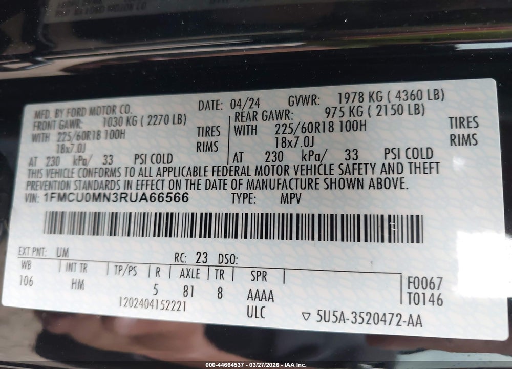 2024 FORD ESCAPE ST-LINE VIN: 1FMCU0MN3RUA66566