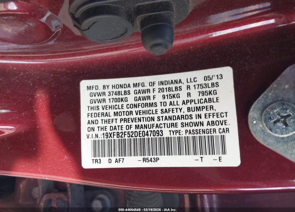 2013 HONDA CIVIC LX VIN: 19XFB2F52DE047093