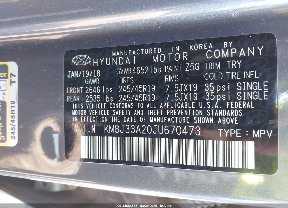 2018 HYUNDAI TUCSON VALUE VIN: KM8J33A20JU670473