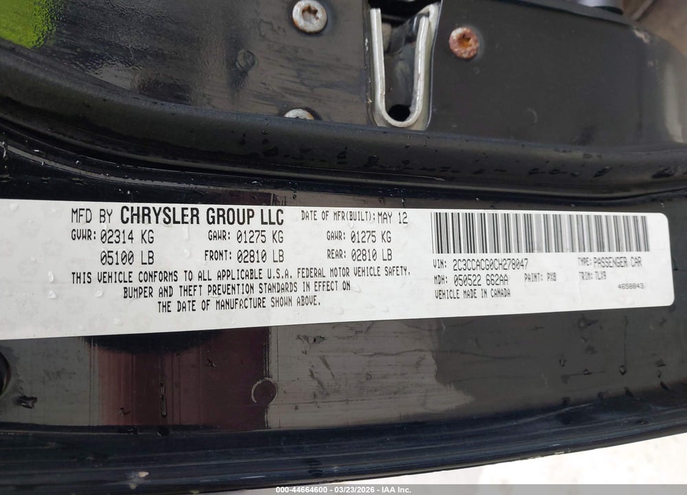 2012 CHRYSLER 300 LIMITE VIN: 2C3CCACG0CH278047