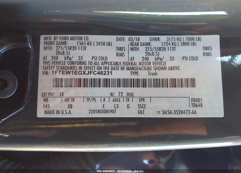 2018 FORD F-150 XLT VIN: 1FTEW1EGXJFC46231
