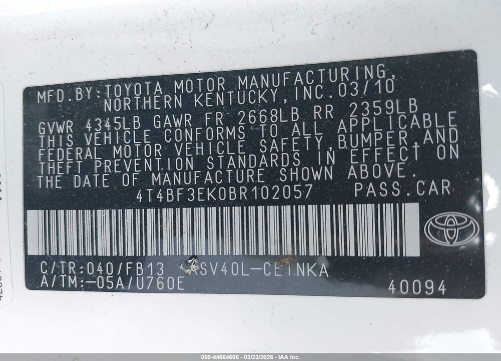 2011 TOYOTA CAMRY LE VIN: 4T4BF3EK0BR102057