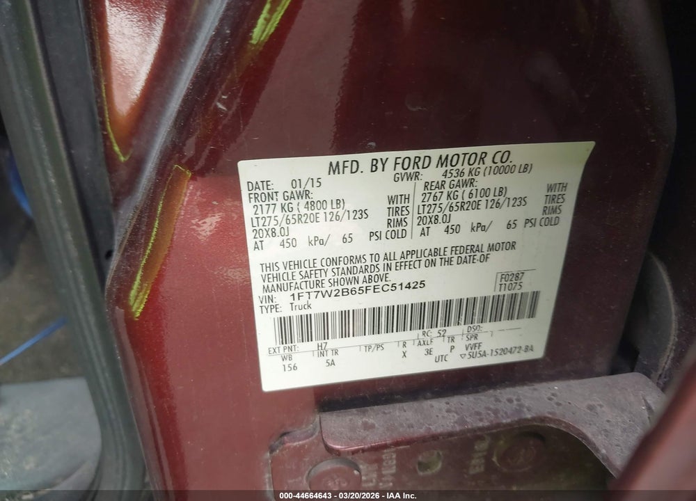 2015 FORD F-250 LARIAT VIN: 1FT7W2B65FEC51425