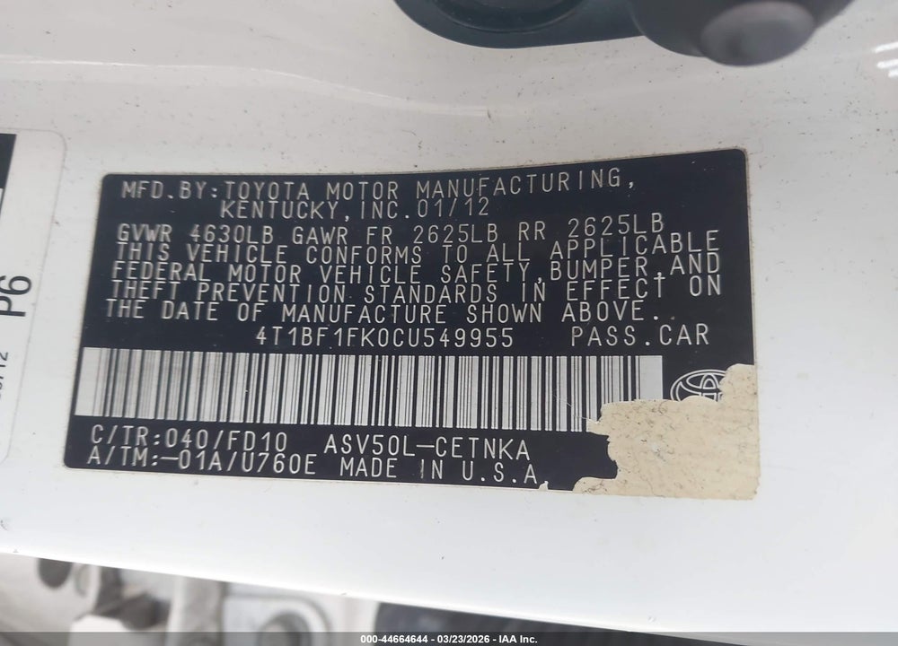 2012 TOYOTA CAMRY LE VIN: 4T1BF1FK0CU549955
