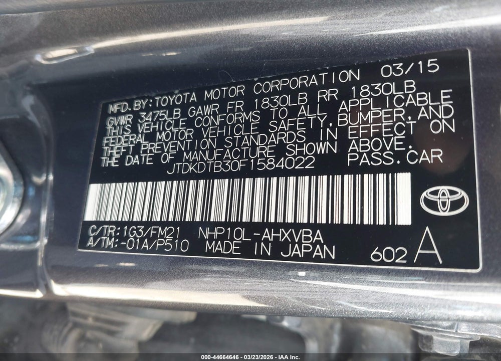 2015 TOYOTA PRIUS C TWO VIN: JTDKDTB30F1584022
